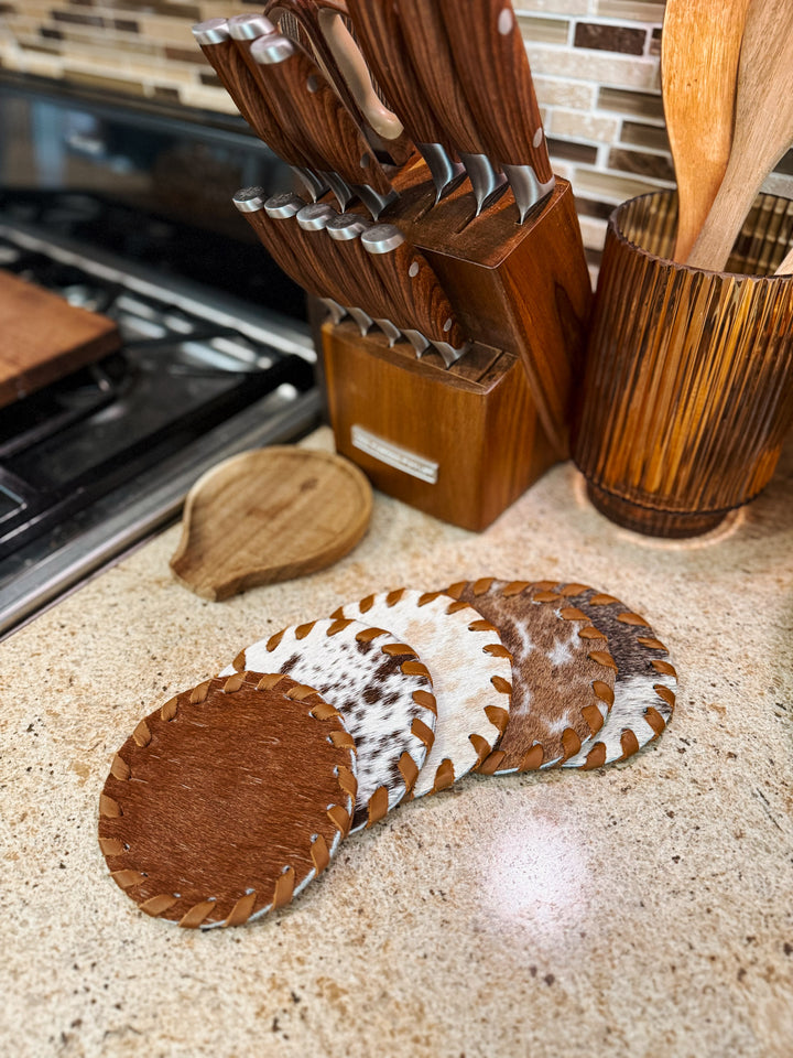 Cowhide Coaster Set: Tan