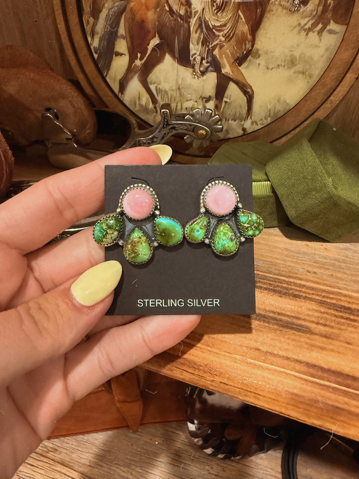 Sonoran Gold & Pink Conch Turquoise Cluster Earrings