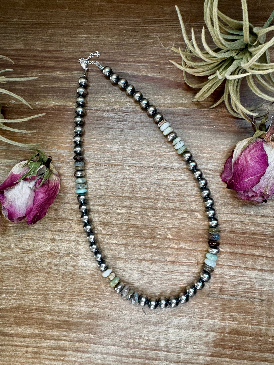 Peruvian Opal & Silver Pearl Necklace - 8mm - 18"