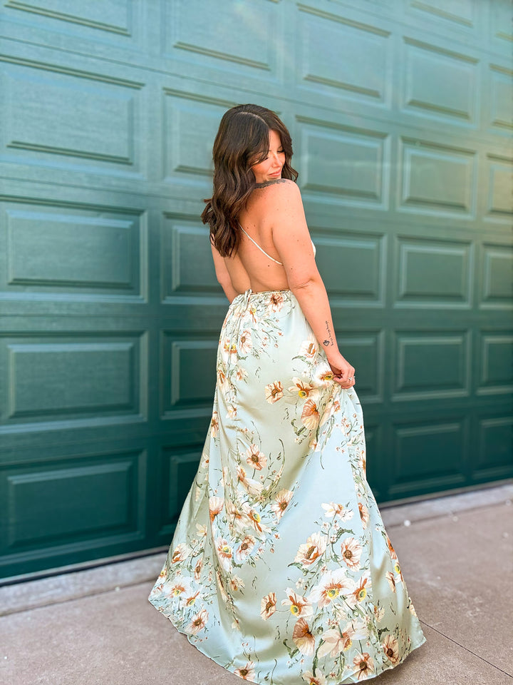 Sedona Backless Halter Maxi Dress: Sage