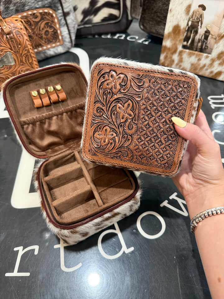 Cowhide & Tooled Leather Jewelry Box: Floral Gates