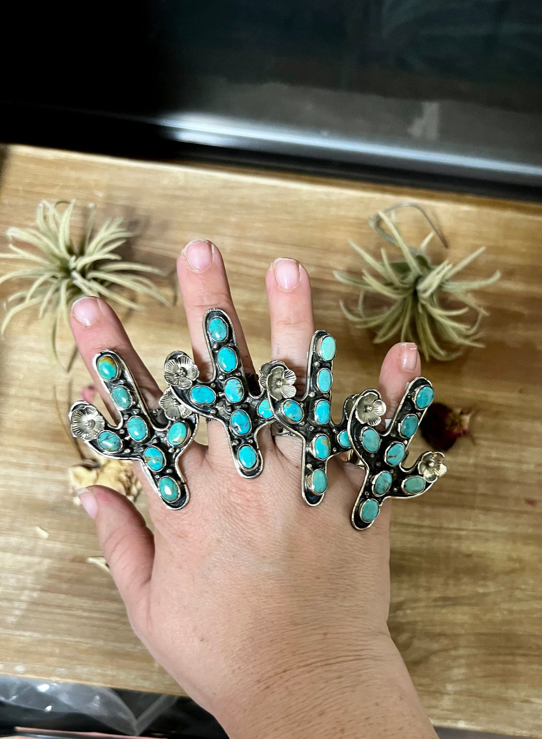 Blue Turquoise Cactus Ring - Adjustable - Brass silver