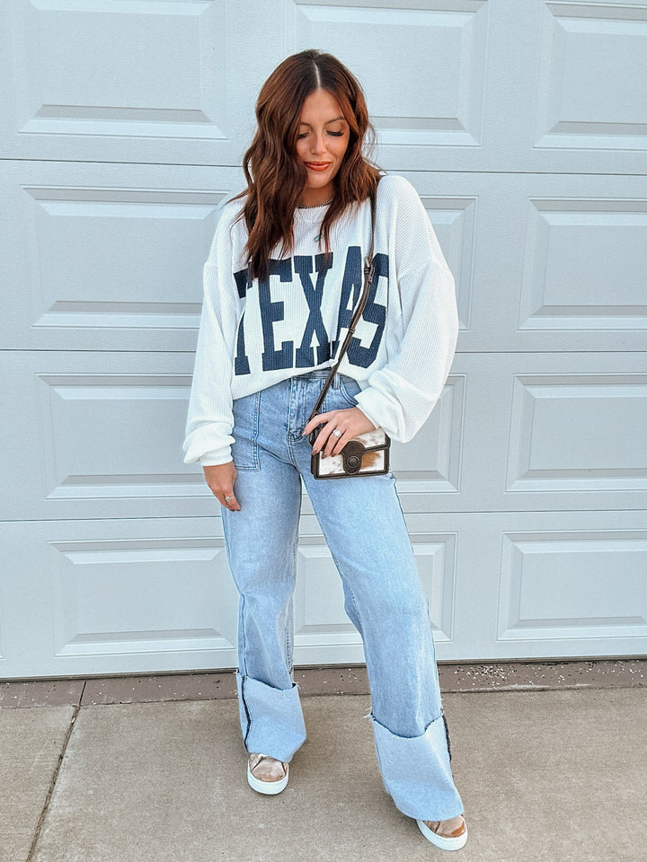 Texas Corded Crewneck: White/Navy