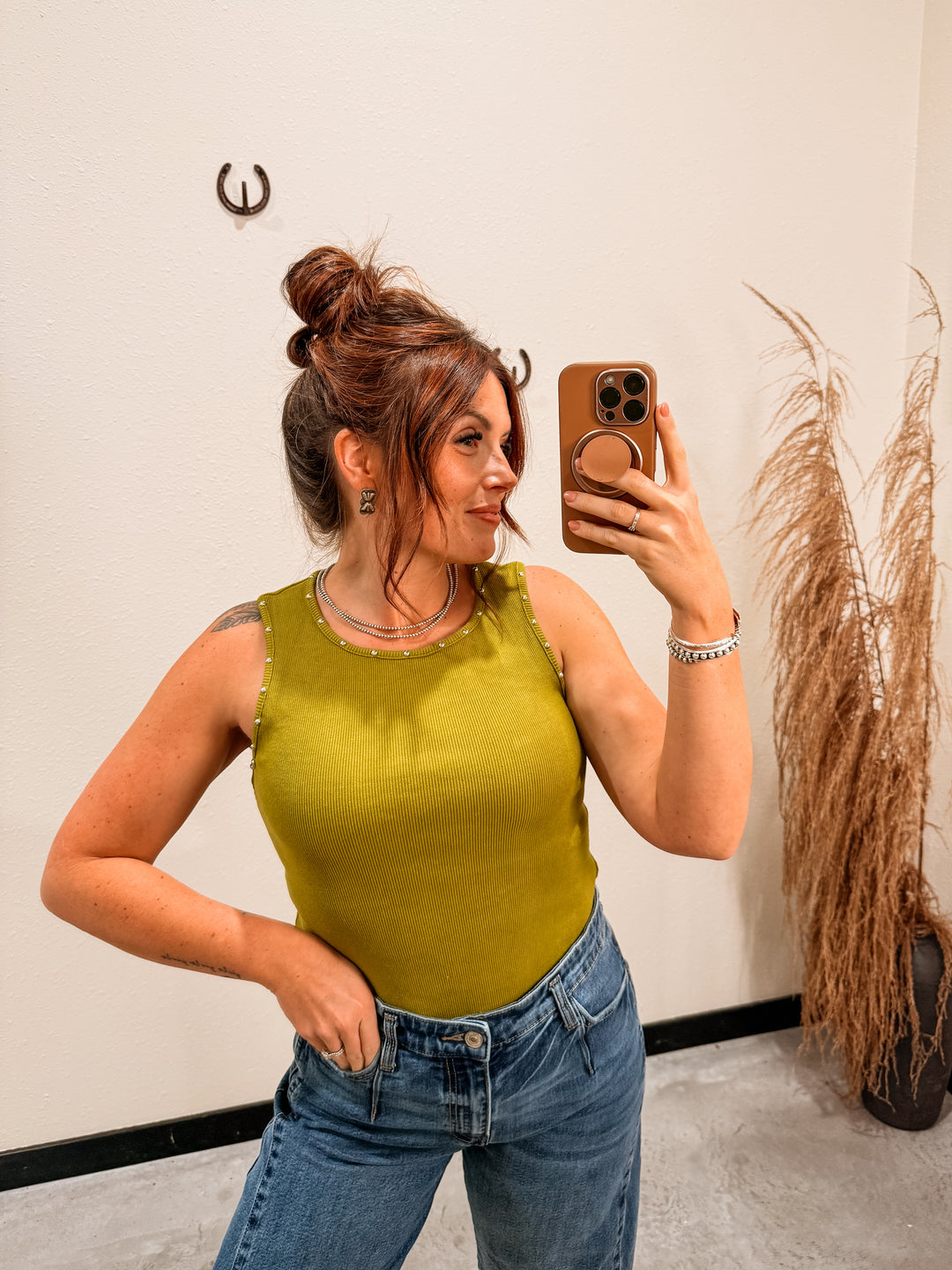 Stud Ribbed Tank: Olive