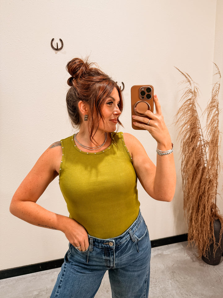 Stud Ribbed Tank: Olive