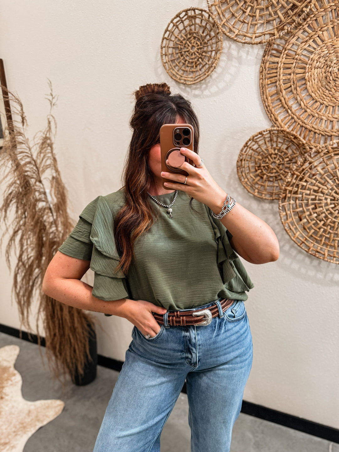 Sabrina Ruffle Blouse: Olive
