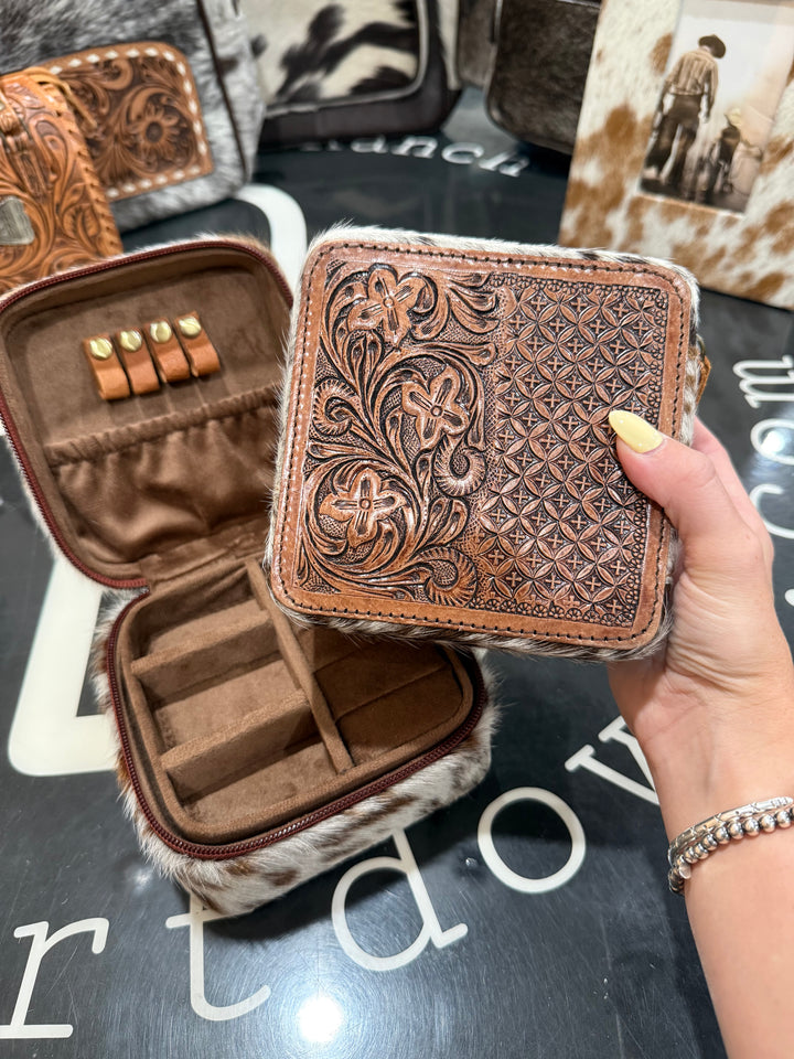 Cowhide & Tooled Leather Jewelry Box: Floral Gates