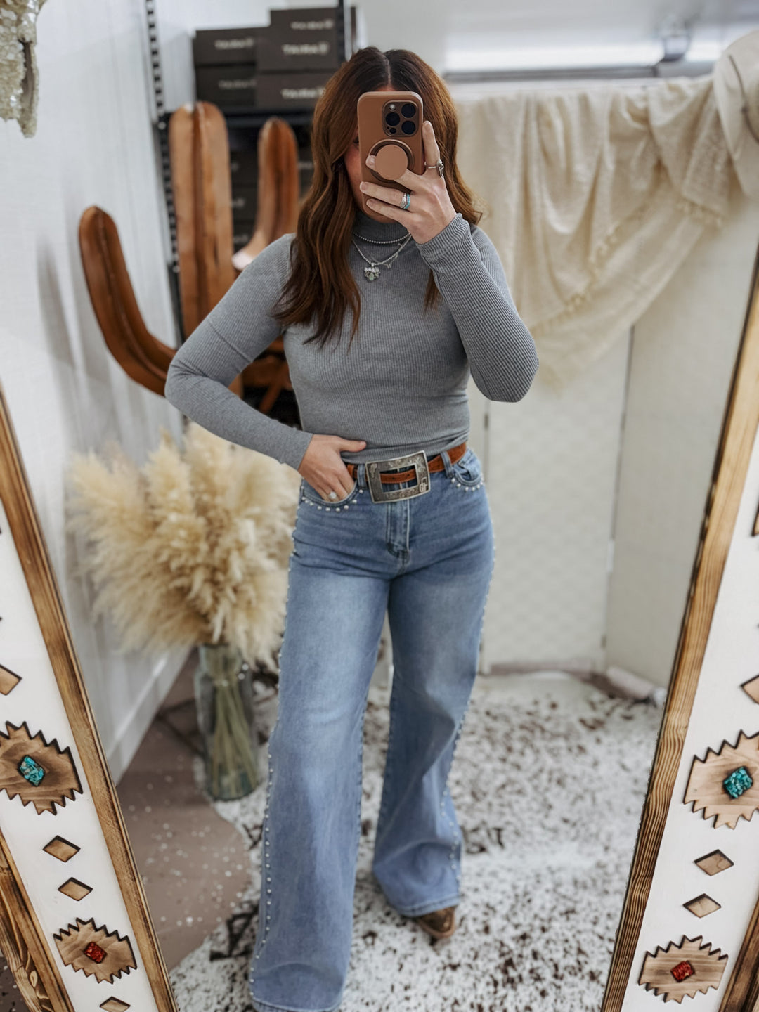 Ribbed Long Sleeve Top: Grey