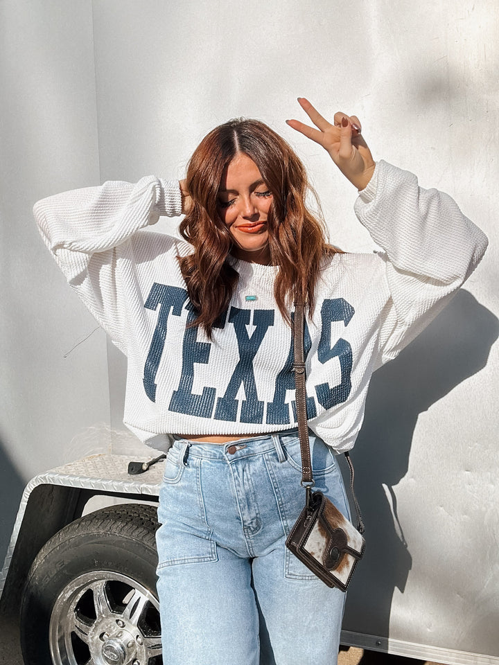 Texas Corded Crewneck: White/Navy