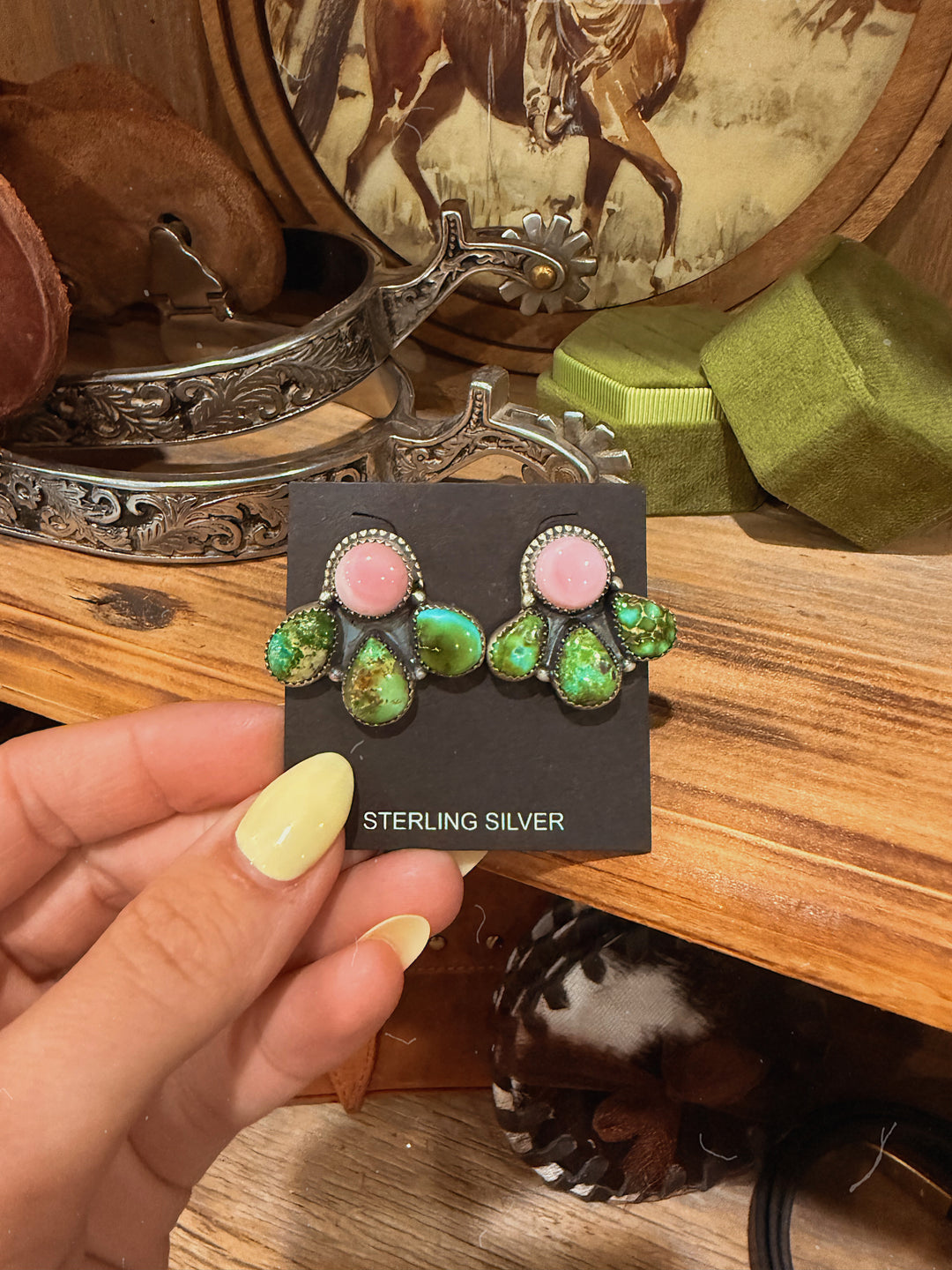 Sonoran Gold & Pink Conch Turquoise Cluster Earrings