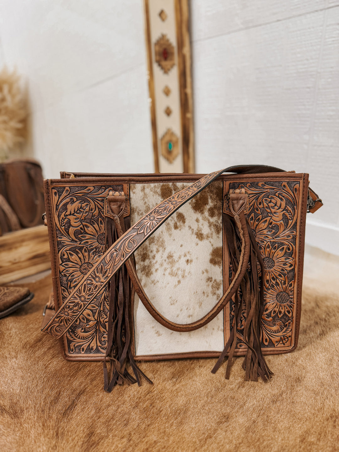 Cowhide Fringe Briefcase Tote Bag