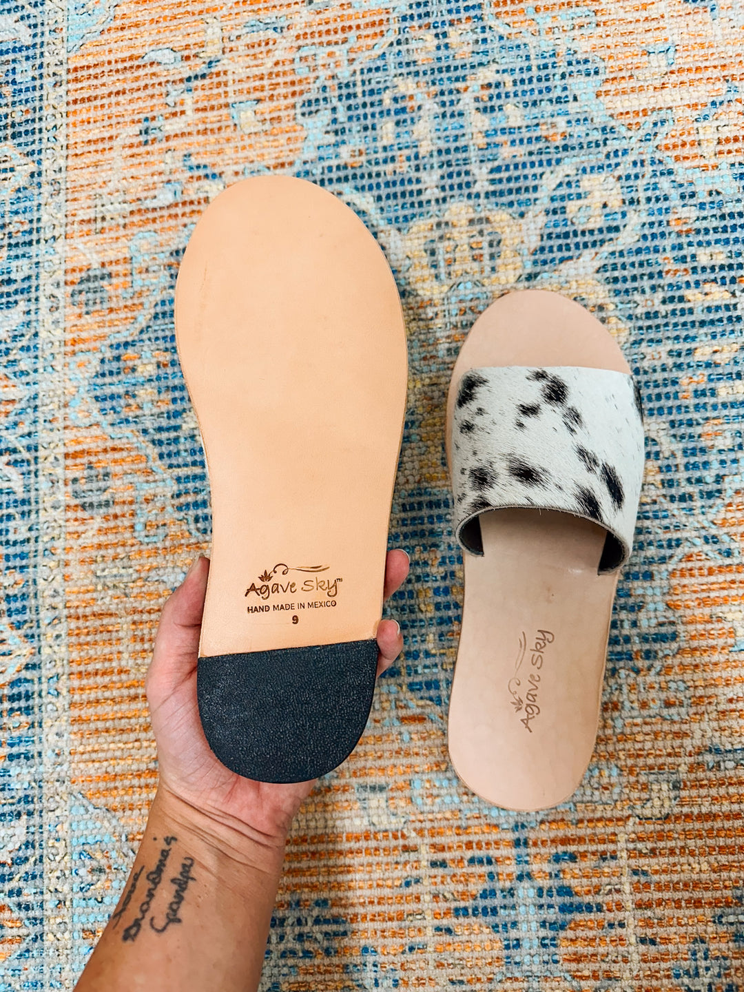 Agave Sky Cowhide Sandals: Salt & Pepper