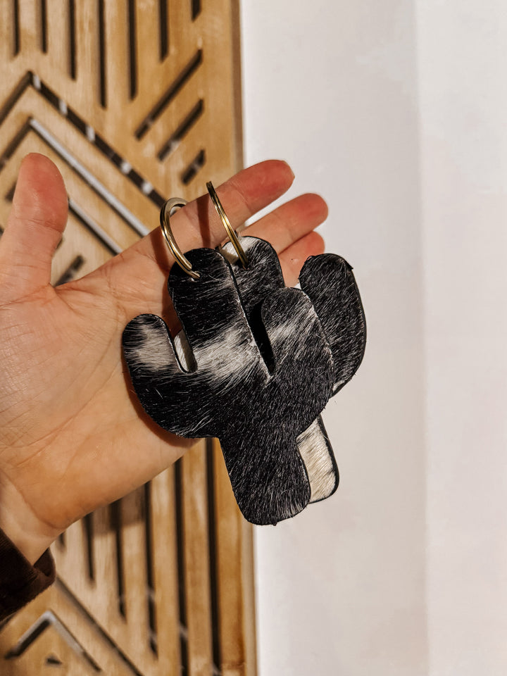 Cactus Cowhide Keychain: Black