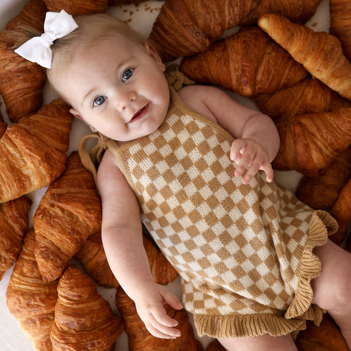 Knit Ruffle Romper | Latte Check