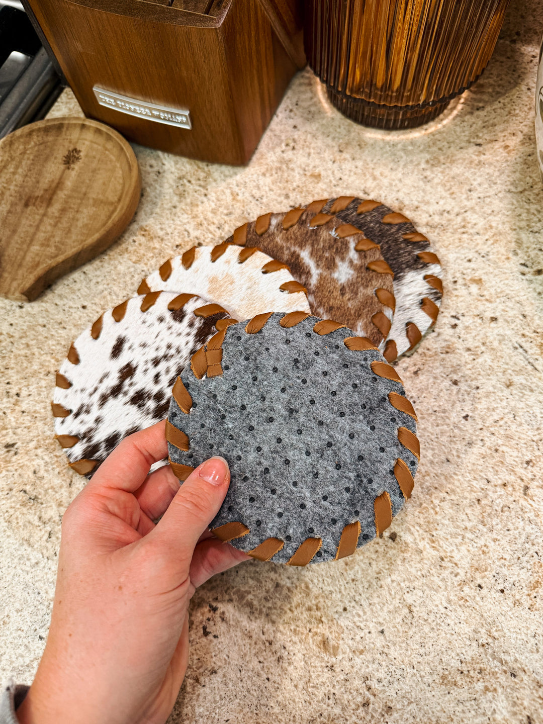 Cowhide Coaster Set: Tan