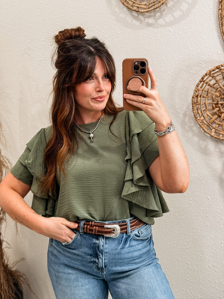 Sabrina Ruffle Blouse: Olive