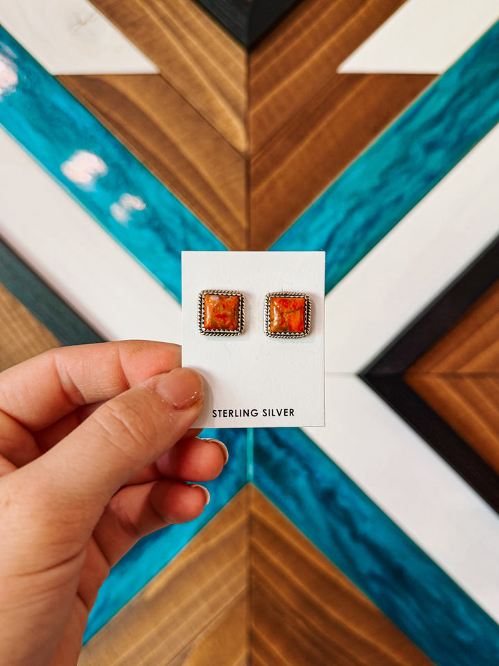 Spiny Oyster Square Stone Earrings
