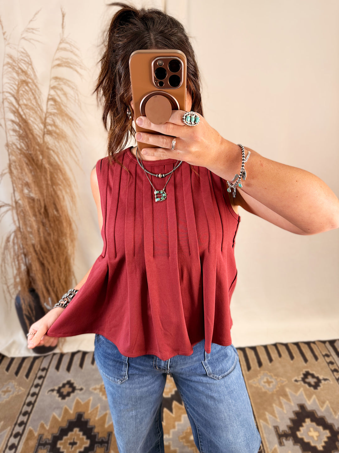 Pleated Jersey Top: Wine