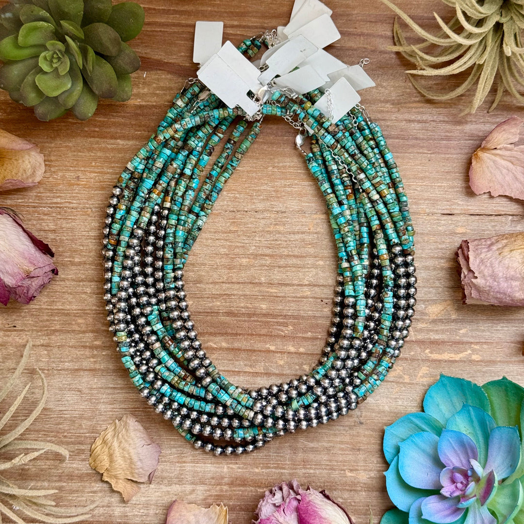 15” Heishi Turquoise Necklace – 4mm Turquoise & 5mm Sterling Silver Pearls