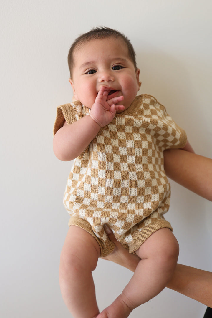 Knit Romper | Latte Check