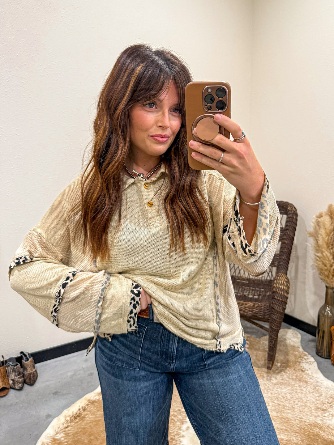 Leopard Trim Pullover