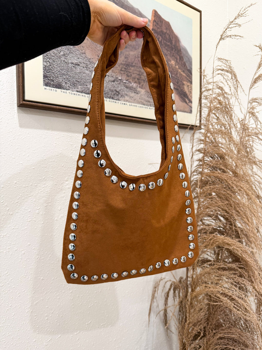 Stud Suede Shoulder Bag: Camel