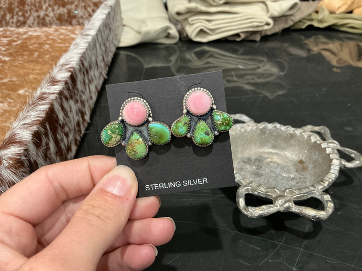 Sonoran Gold & Pink Conch Turquoise Cluster Earrings