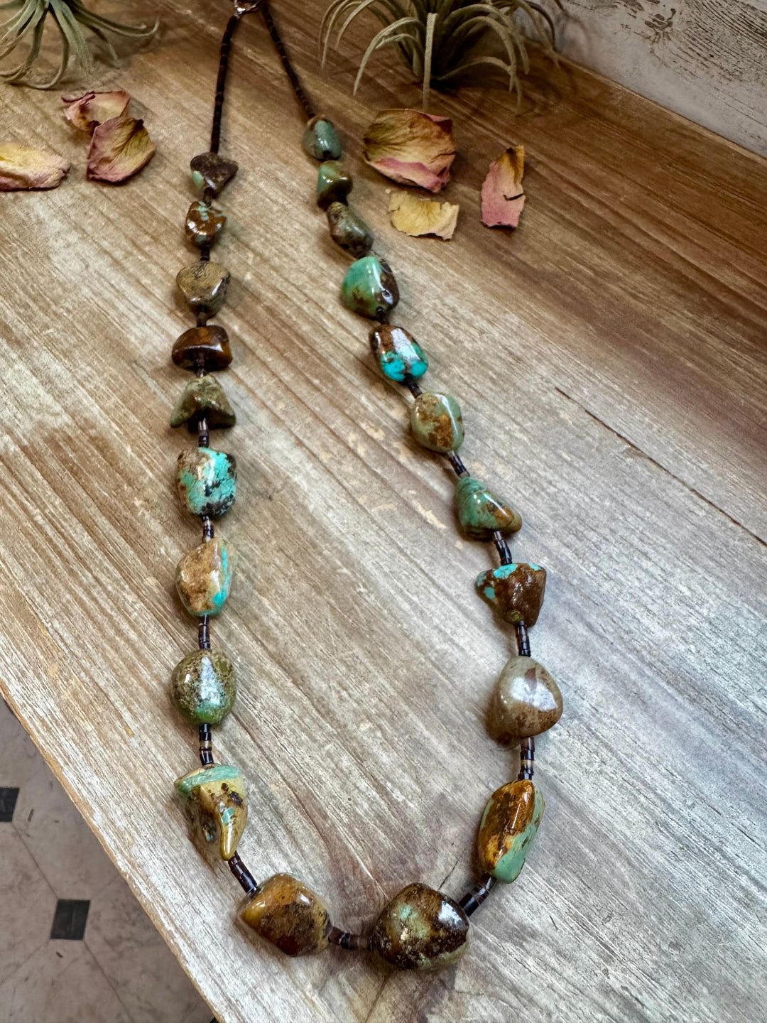 Turquoise Nugget & Brown Shell Necklace - 34”