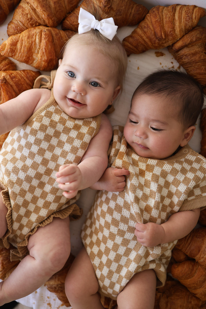 Knit Ruffle Romper | Latte Check