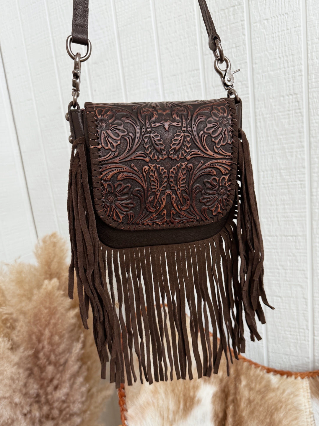 Nevada Tooled Crossbody Purse: Coffee