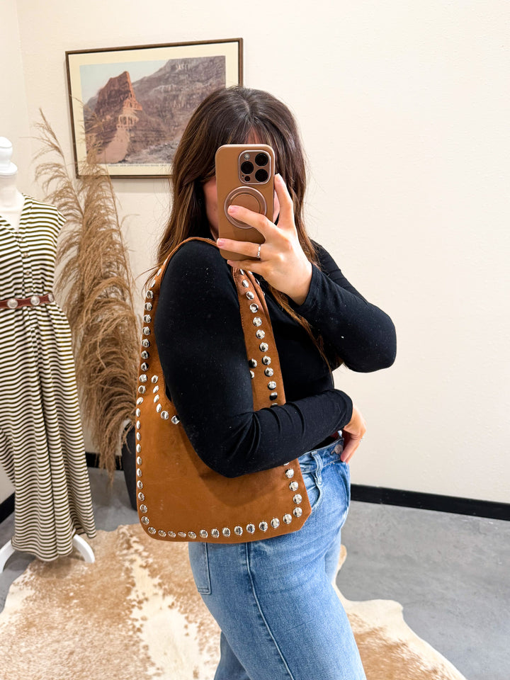 Stud Suede Shoulder Bag: Camel