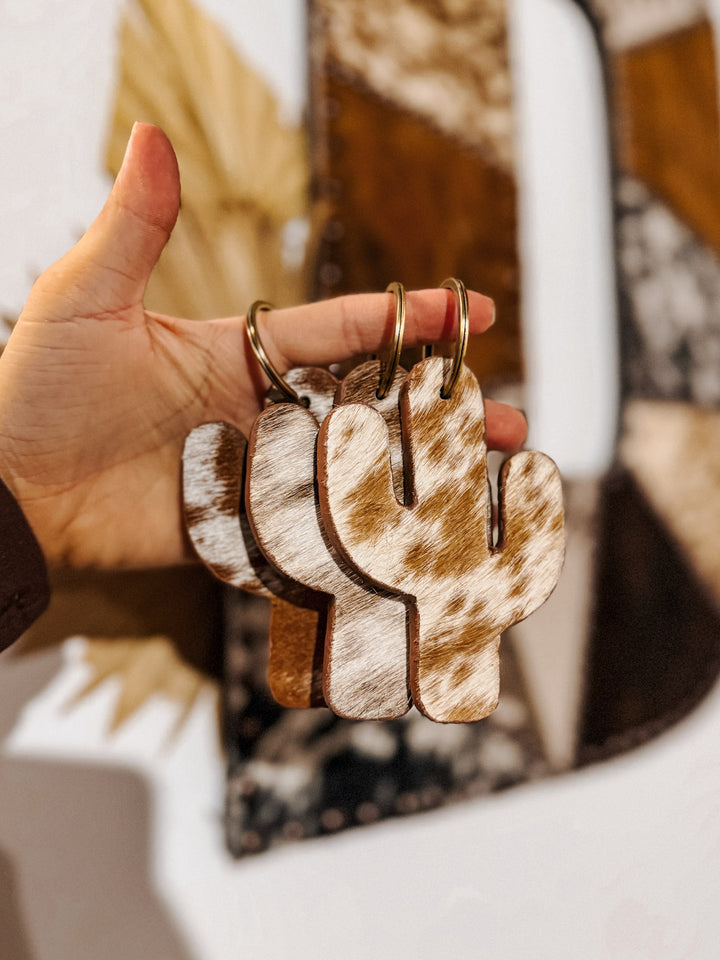 Cactus Cowhide Keychain: Tan