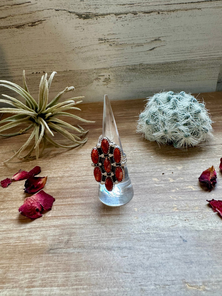 Cluster - size 8 - red spiny and sterling silver