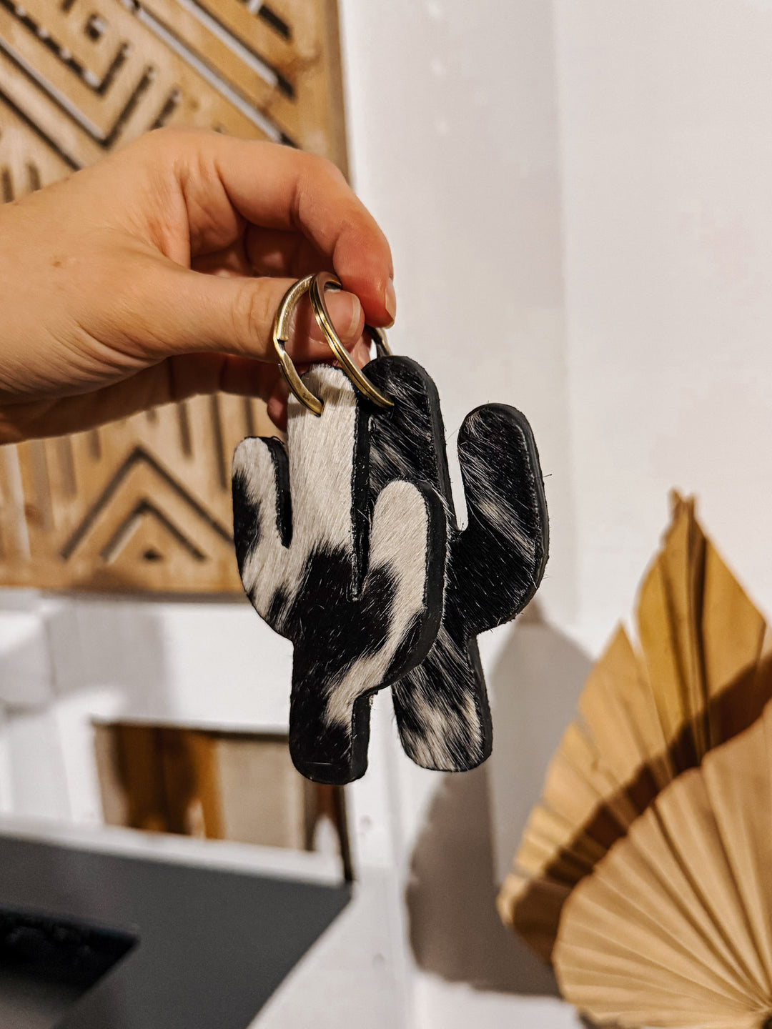Cactus Cowhide Keychain: Black
