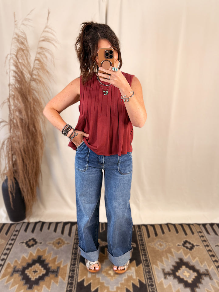 Pleated Jersey Top: Wine