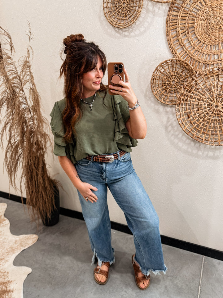 Sabrina Ruffle Blouse: Olive