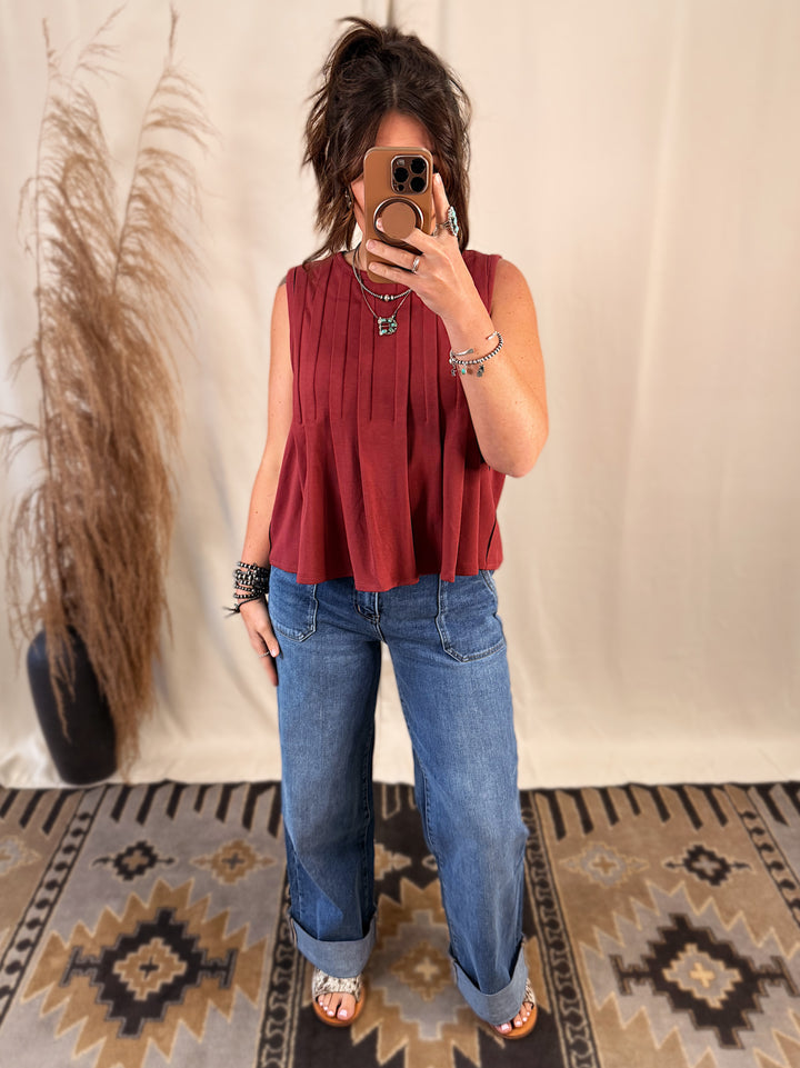 Pleated Jersey Top: Wine