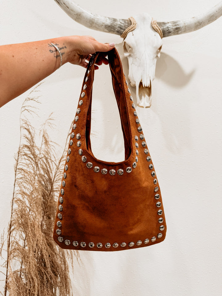 Stud Suede Shoulder Bag: Camel