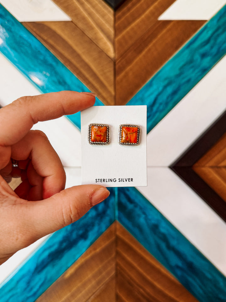 Spiny Oyster Square Stone Earrings