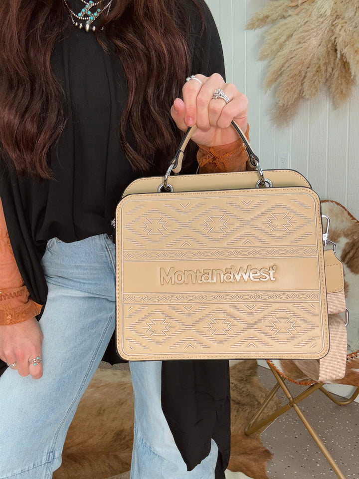 Montana Retro Aztec Tote Crossbody Bag: Tan