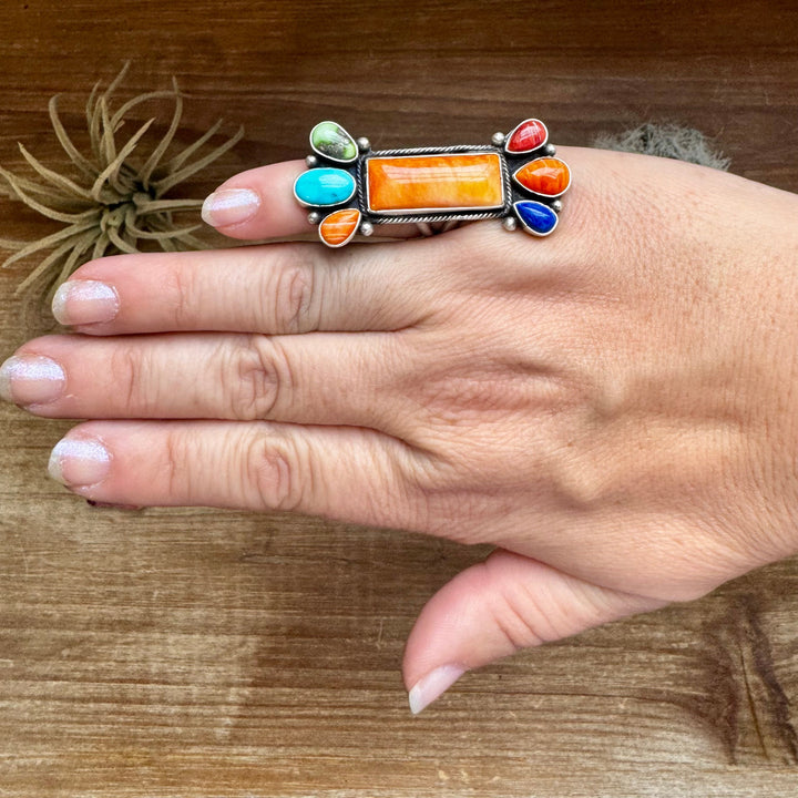 Long Ring- Size 5 - mix stone turquoise, spiny and sterling silver