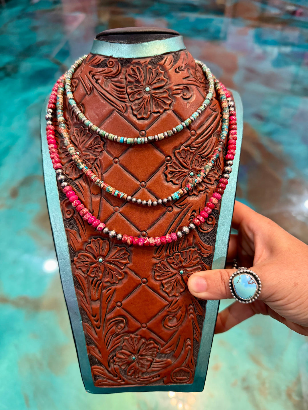 Turquoise & Pink Dahlia Necklace Stack (3-Piece Set
