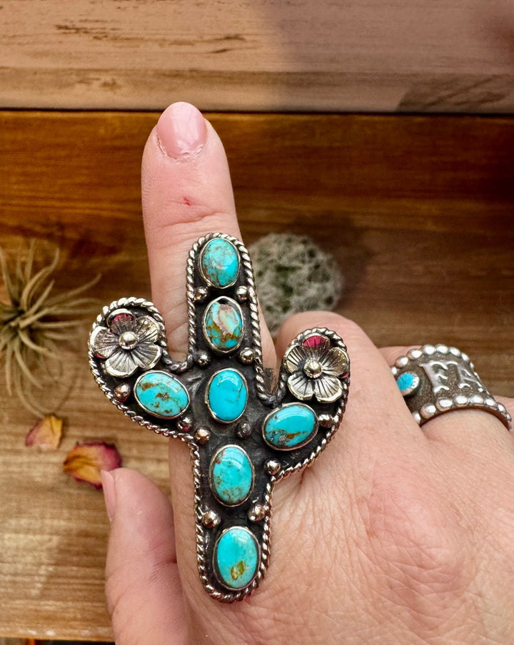 Blue Turquoise Cactus Ring - Adjustable - Brass silver