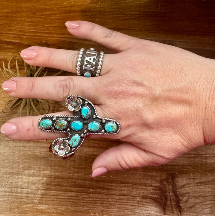 Blue Turquoise Cactus Ring - Adjustable - Brass silver