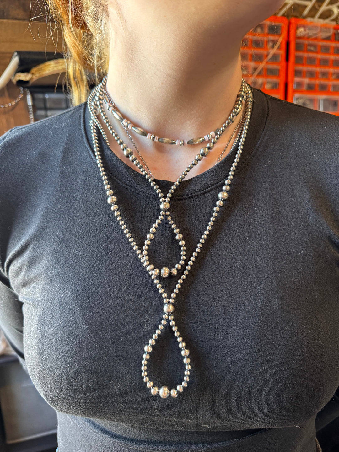 Silver Pearl Graduated Hoop Necklace - 23”