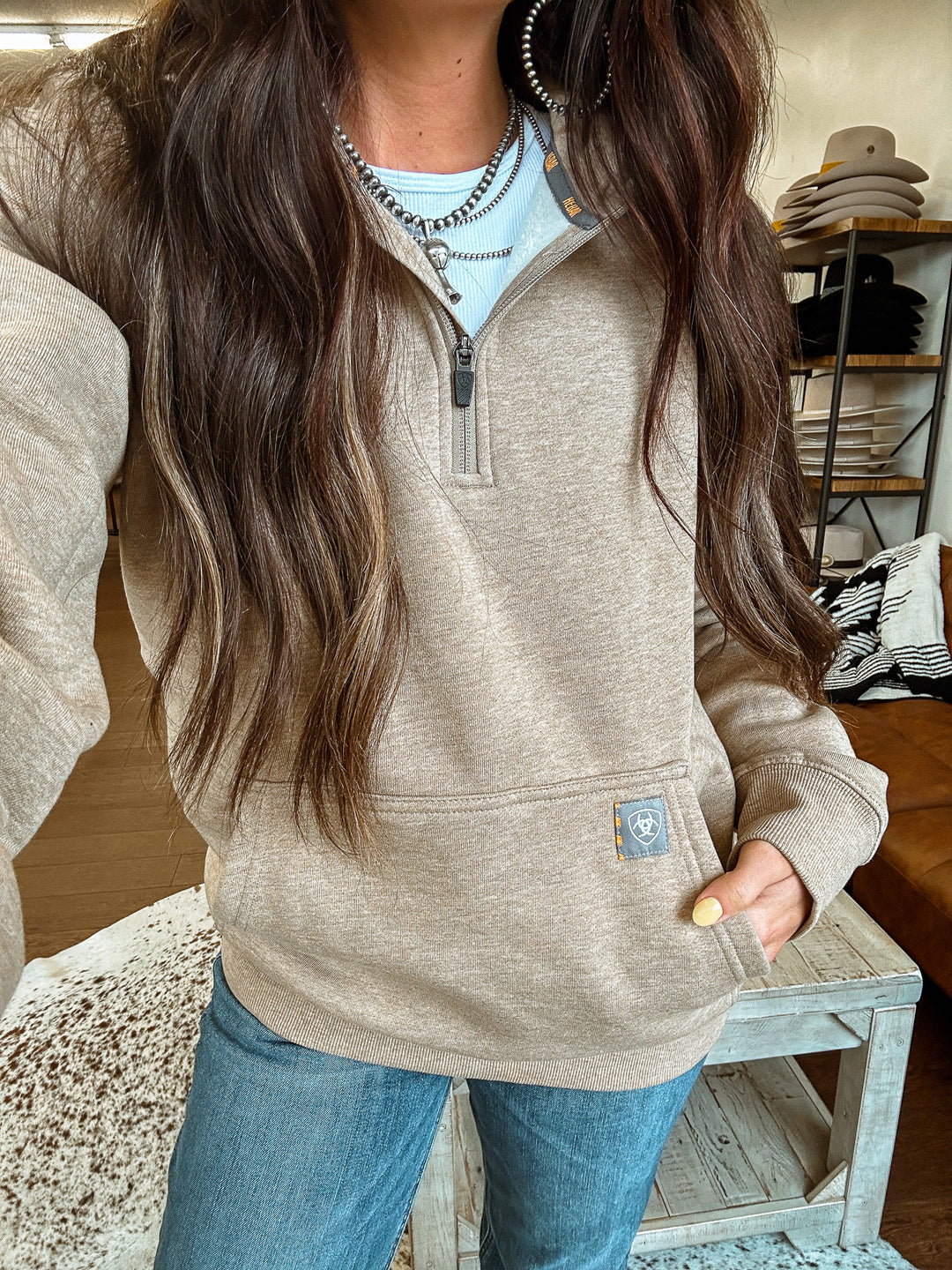 Ariat: 1/2 Zip Hoodie: Tan