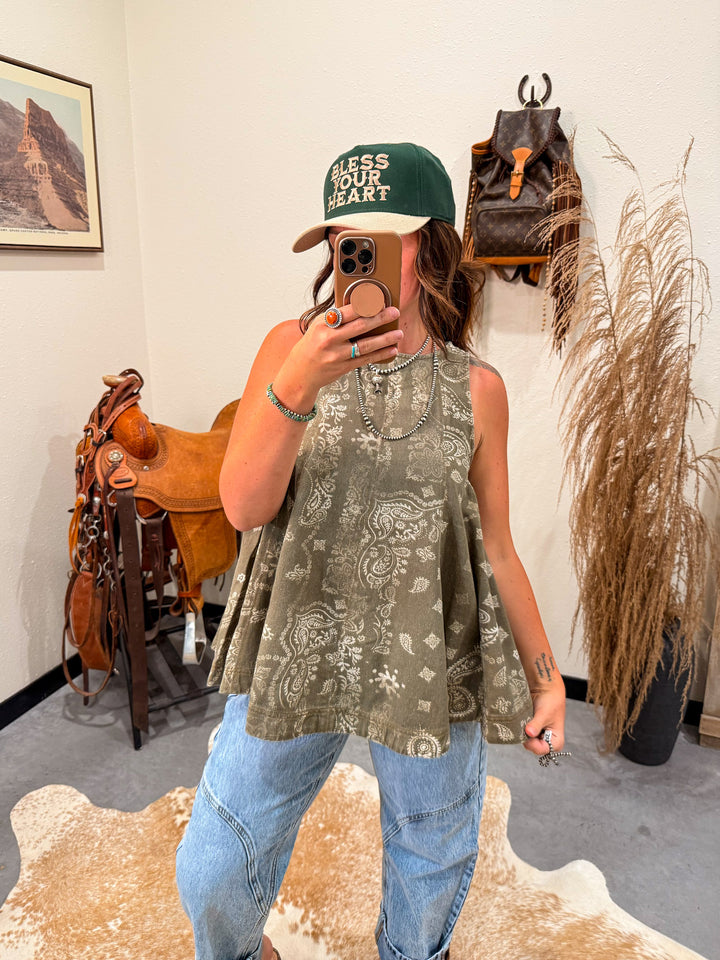 Olive Paisley Tunic Top