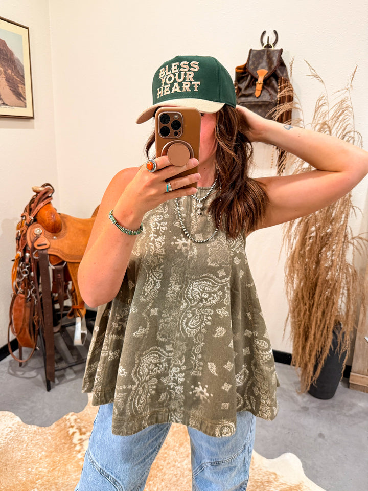 Olive Paisley Tunic Top