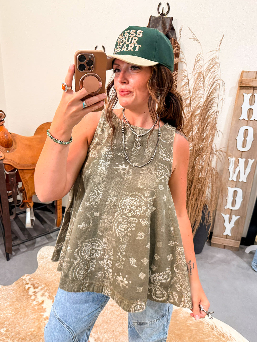 Olive Paisley Tunic Top