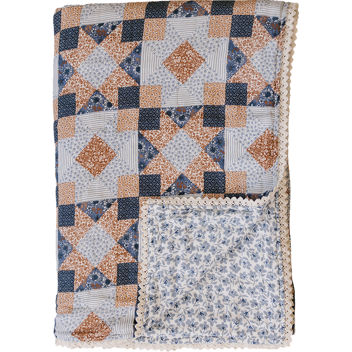 Patchwork Print + Blue Blossom Lace Twin Muslin Quilt